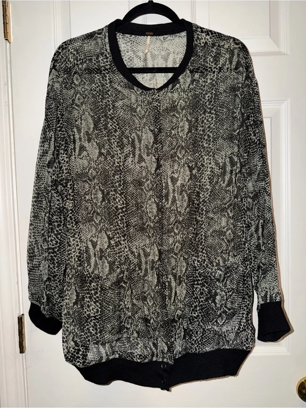 Free People Black and Green Sheer Snakeskin Lori Bomber Jacket with‎ Knit Trim